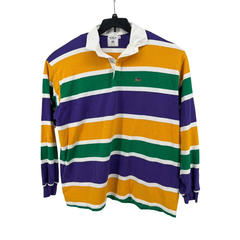 Vintage Perlis Rugby Shirt men's Large Mardi Gras Colorblock Made In USA 90s